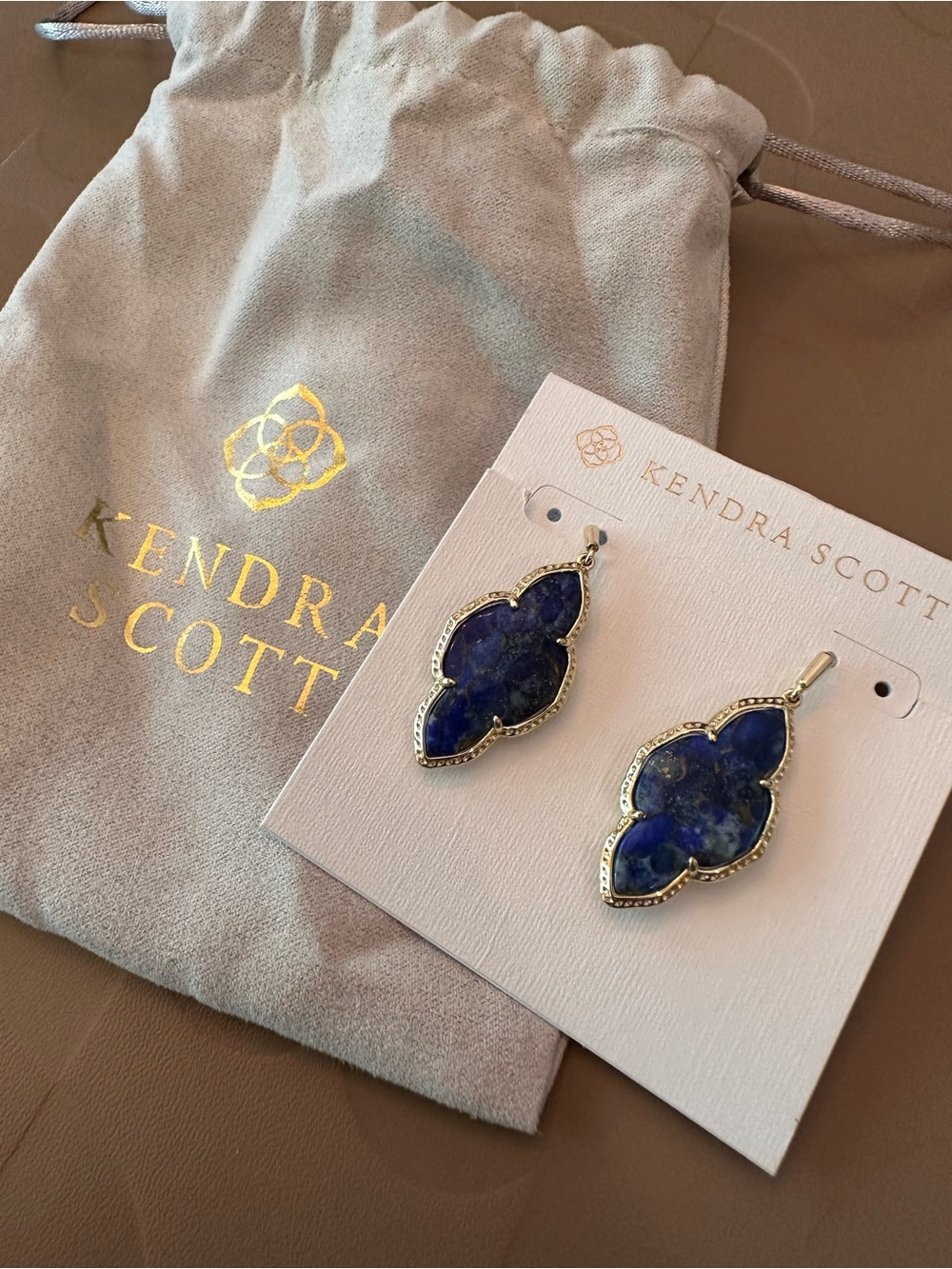 Kendra Scott Abbie Gold Drop Earrings Bronzed Vein Lapis Navy Blue NWOT